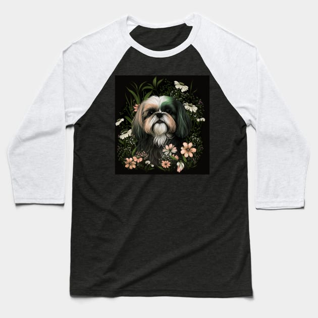 Cute Shih Tzu  & Spring Botanical Plant Flower  For Shih Tzu Lovers Baseball T-Shirt by RetroZin